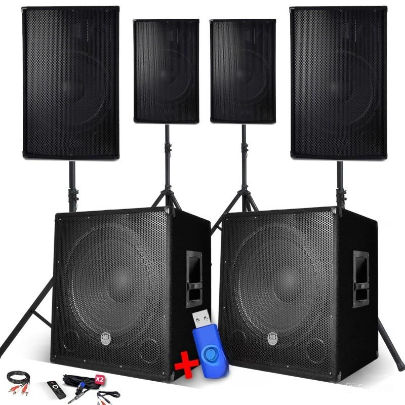 BM SONIC – Výkonná audio súprava 4800 W s dvomi 18″ subwoofermi, 4 satelitmi, Bluetooth, USB, SD a AUX