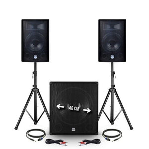 BM SONIC – Výkonná audio súprava 2400 W s 2 reproduktormi 12″, subwooferom 18″, stojanmi, mikrofónom, USB, Bluetooth a AUX