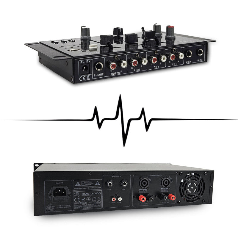 BM SONIC – Výkonná audio súprava 2000 W s pasívnymi reproduktormi 2×700 W, mixážnym pultom, portikom so 8 svetlami, Bluetooth, USB, SD a AUX