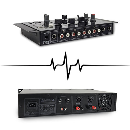 BM SONIC – Výkonná audio súprava 2000 W s pasívnymi reproduktormi 2×700 W, mixážnym pultom, portikom so 8 svetlami, Bluetooth, USB, SD a AUX
