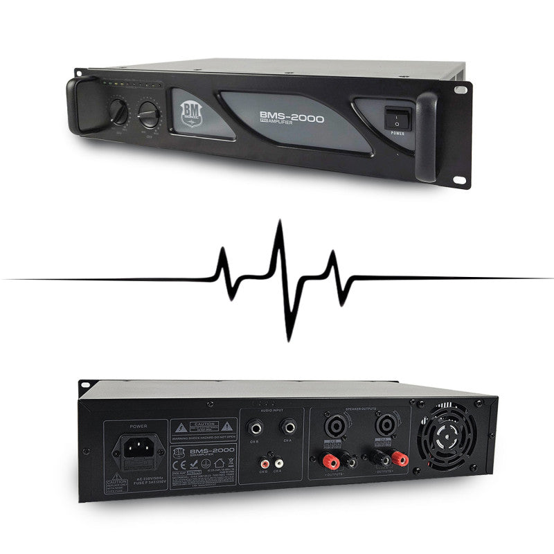 BM SONIC – Výkonná DJ audio súprava 2000 W s pasívnymi reproduktormi 2×700 W, SpeakOn káblami, Bluetooth, USB, SD a AUX
